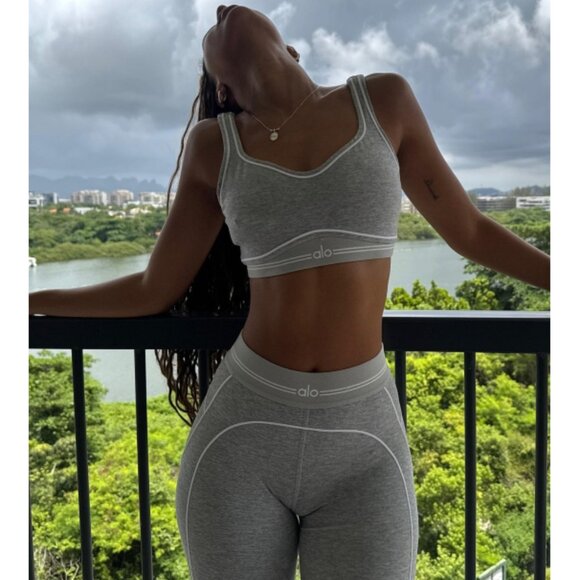 Alo Alosoft High-Waist Heart Throb Leggings Athletic Heather Grey White Hi-Rise - Picture 9 of 16